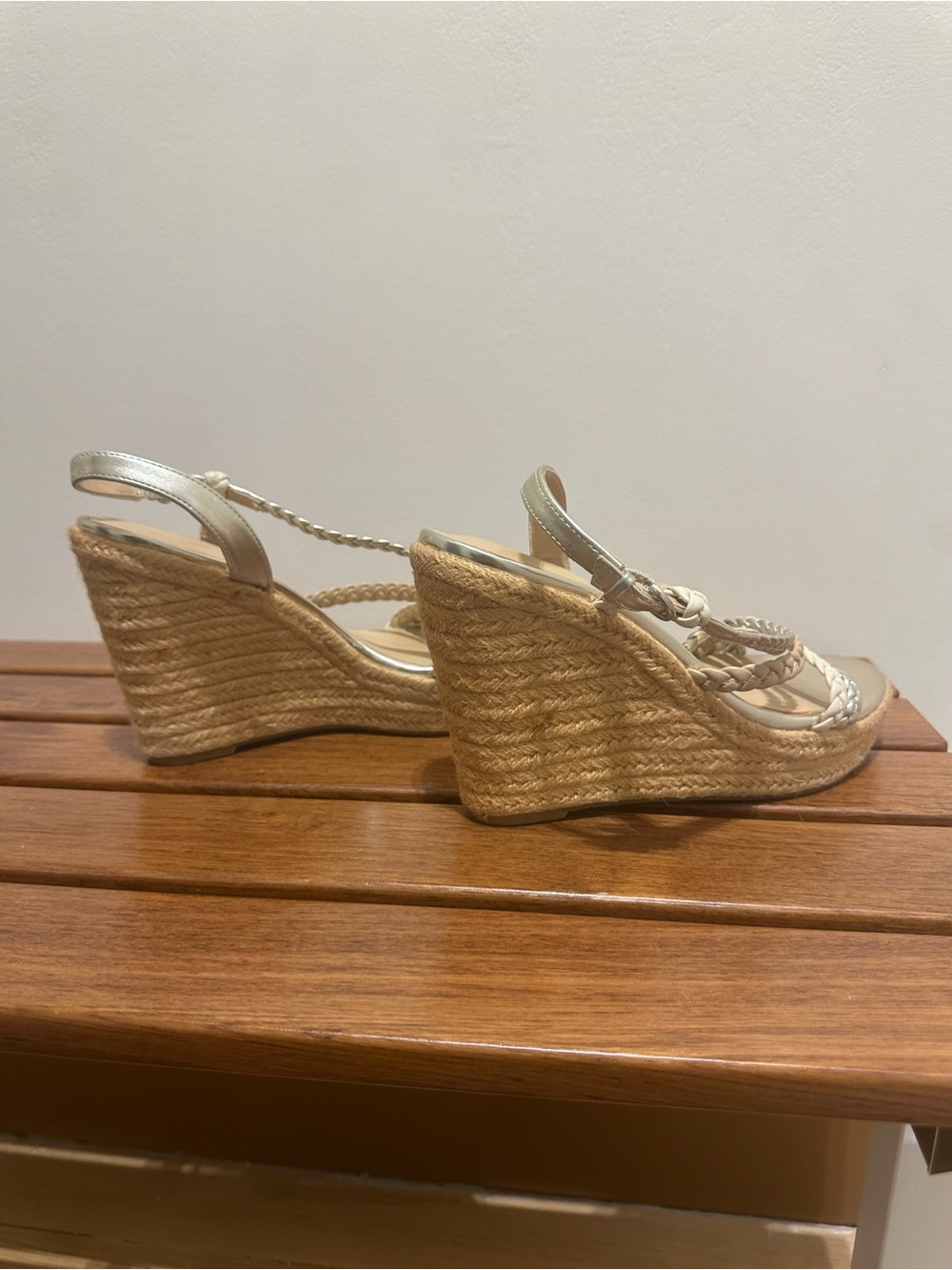 Nine West Braided Metallic Silver and Beige Wedge Sandals - Picture 5 of 8